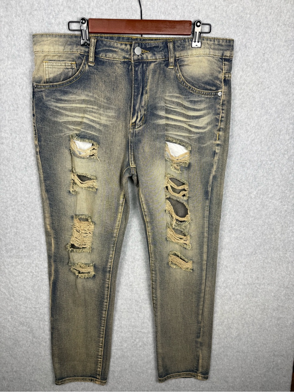 Distressed Skinny Jeans Blue Wash Ripped Stretch Denim Size L Grunge Streetwear